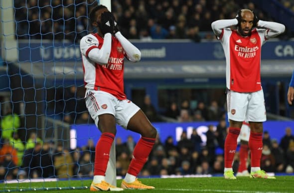 Arsenal's Nketiah and Lacazette in disbelief at missed header.