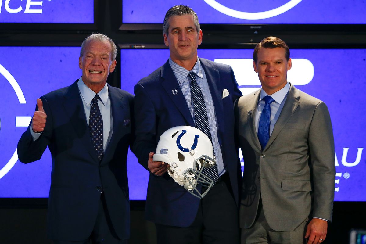 Indianapolis Colts owner Jim Irsay, head coach Frank Reich and general manager Chris Ballard