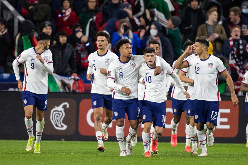 Nov 12, 2021; Cincinnati, Ohio, USA; United States forward Christian Pulisic (10) celebrates his goal with teammates during a FIFA World Cup Qualifier soccer match against the Mexico at TQL Stadium. Mandatory Credit: Trevor Ruszkowski-USA TODAY Sports