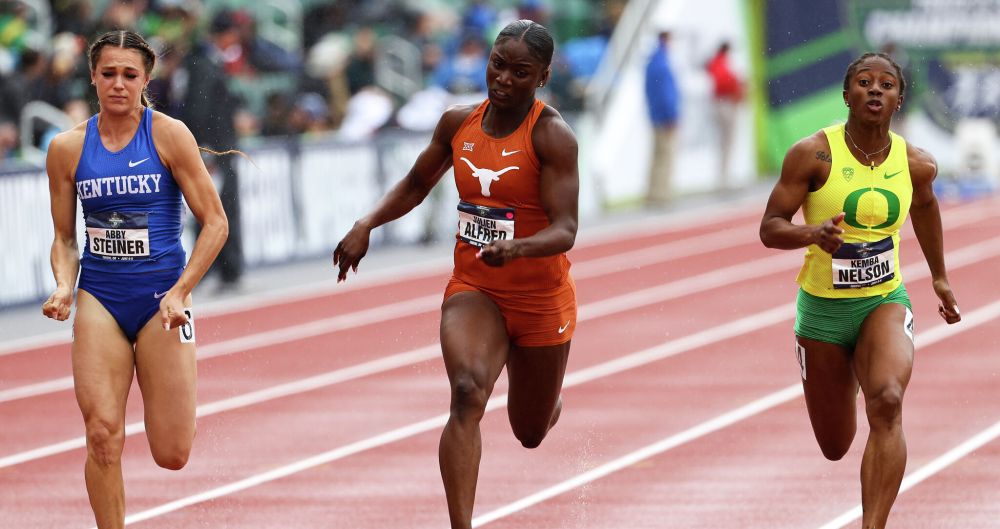 Texas sprinter and 60 meter NCAA record holder Julien Alfred competes with Kentucky sprinter Abby Steiner and Oregon sprinter Kemba Nelson