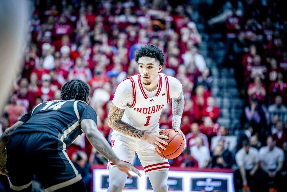 Alex Paul Freshman guard Jalen Hood-Schifino looks to drive to the basket Feb. 4, 2023, at Simon Skjodt Assembly Hall in Bloomington. The Hoosiers beat the Boilermakers79-74.
