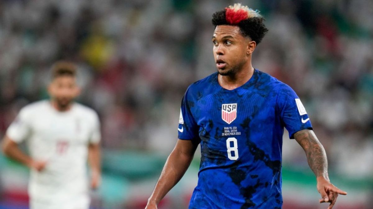 Weston McKennie of the United States reacts during the World Cup group B soccer match between Iran and the United States at the Al Thumama Stadium.