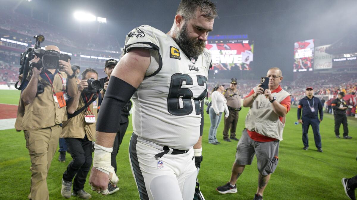 Jason Kelce leaves after what would end up being his final game in the NFL as the NFC East's Philadelphia Eagles lose 32-9 to the Tampa Bay Buccaneers in the 2024 NFL Playoffs.